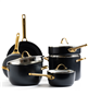 GreenPan Padova 10-piece healthy ceramic nonstick cookware set in black with gold handles.