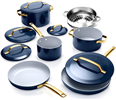11-piece navy ceramic nonstick cookware set.