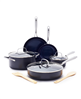 Blue Diamond 10-piece hard anodized ceramic nonstick cookware set in blue.