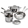 Tramontina 8-piece tri-ply stainless steel cookware set with lids.