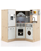 White wooden kitchen playset for kids with cookware accessories.
