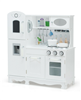 White kitchen pretend play cookware set for kids with water dispenser.