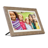 Aluratek 13.3" WiFi touchscreen digital photo frame with distressed wood design.