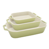 Staub 3-pc rectangular baking dish set in light green.