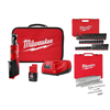 M12 12V 3/8" cordless ratchet kit with 100-piece SAE/metric socket set.