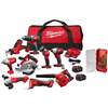 M18 18V cordless 9-tool combo kit with 2 batteries, charger, and 15-piece drill bit set.