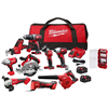 M18 18V cordless combo kit (9-tool) with 2 batteries, charger, and 25-piece SHOCKWAVE bit set.