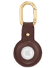 Brown leather cover for Apple AirTag with gold-tone accents.