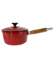 Chasseur 2.5 qt. red enameled cast iron saucepan with lid and wood handle.