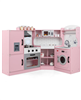 Pink corner kids play kitchen with washing machine and ice maker.