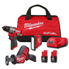 M12 Fuel 12V Li-ion brushless 3-tool combo kit: hammer drill, reciprocating saw, flood light, with 2 batteries.