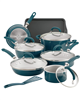 Rachael Ray 13-piece teal shimmer aluminum nonstick cookware set.