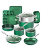 15-piece diamond-infused, non-stick cookware and bakeware set in green.