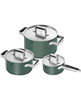 Discounted Zwilling Pure 6-piece stainless steel pot set in green.