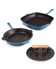 Neo 3pc Cast Iron Fry Pan & Grill Pan Set with Slotted Steak Press - Blue