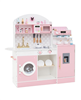Discounted Hongge pink wooden kids play kitchen with ice maker, coffee station, and storage.