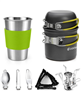 Camping Cookware Stove Carabiner Canister Stand Tripod and Stainless Steel Cup, Tank Bracket, Fork Spoon Kit - Green
