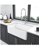 Premium porcelain ceramic farmhouse kitchen sink (33x20x9 in) with stainless steel drain and dish grid.