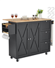 56" Kitchen Island Cart with Wood Top, Storage Cabinet, Drop Leaf, Drawer, Adjustable Shelf, Spice Rack, Towel Bar, Hooks - Black