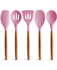5 Piece Silicone Utensils Set with Authentic Acacia Wood Handles - Pink