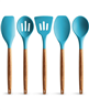 5-piece blue silicone utensils set with acacia wood handles.
