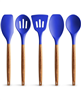 5 Piece Silicone Utensils Set with Authentic Acacia Wood Handles - Dark blue