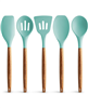 5 Piece Silicone Utensils Set with Authentic Acacia Wood Handles - Aqua