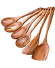 6-piece brown teak wooden cooking utensils.