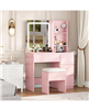 Makeup Vanity Desk Set with 3-Color Lighted Mirror, 4 Drawers, Shelves and Power Outlet - Pink