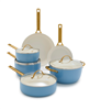 10-piece GreenPan Padova ceramic nonstick cookware set in sky blue.
