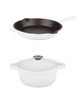 BergHOFF neo 3pc white cast iron cookware set: fry pan & round Dutch oven.