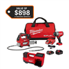 M18 fuel 18v lithium-ion brushless 1/2" high-torque impact wrench, grease gun, and inflator combo kit.