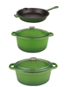 BergHOFF neo 5pc green cast iron oval dutch oven set (10" fry pan, 5qt. & 8qt.) with discount information at the end.