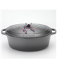 Chasseur 6 qt. dark gray enameled cast iron oval Dutch oven.