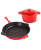 BergHOFF Neo 3pc red cast iron cookware set: fry pan & round Dutch oven.