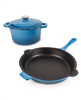 BergHOFF Neo 3pc cast iron cookware set (blue) - includes fry pan and round Dutch oven.