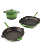 BergHOFF Neo 4pc cast iron cookware set (fry pan, grill pan, round Dutch oven) in green.