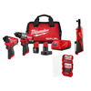 M12 fuel 12V cordless hammer drill/impact kit, M12 3/8" ratchet, and SHOCKWAVE 28-pc set combo kit available with a discount.