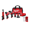 M12 Fuel 12V hammer drill/impact driver, M12 12V cordless 3/8" ratchet, and 7-pc carbide bit combo kit.