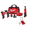 M12 Fuel 12V cordless hammer drill/impact 2-tool kit + M12 3/8" ratchet with 100-pc PACKOUT bit set combo.