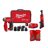 M12 Fuel 12V 4-in-1 drill driver kit with 3/8 in. ratchet and SHOCKWAVE 23-pc titanium set.