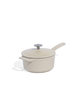 Antique white 2-quart enameled cast iron saucepan with lid.