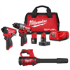 M12 Fuel 12V cordless hammer drill and impact driver kit with compact blower.