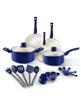 Albo 22-pc. blue ceramic nonstick cookware set with discount information at the end.