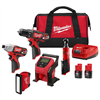 M12 12V cordless combo kit (5-tool) with two 2.0Ah batteries, charger, and bag.