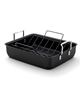 Calphalon 16-inch black hard-anodized nonstick roasting pan with rack.
