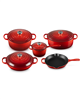 Le Creuset 9-piece cerise enameled cast iron cookware set.