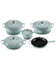 Le Creuset 9-piece enameled cast iron cookware set in sea salt is available with a discount.