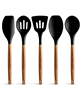 5 Piece Silicone Utensils Set with Authentic Acacia Wood Handles - Black