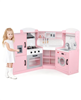 Pink kids' wooden corner play kitchen with storage.